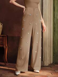 Anewsta Women's Fashion Minimalist Luxury Heavily Embellished Slim-Fit Flared Dress Pants,Khaki,Autumn,Elegant,Party,Formal Wear,Work,Festival, - Khaki - View 6