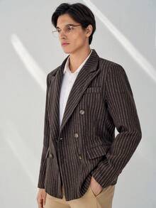 RONVEXI Men's Striped Print Double-Breasted Business Long Sleeve Suit Jacket - Brown - View 3