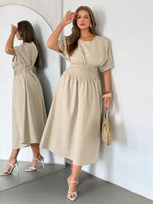 Auralis Plus Size Women's Solid Color Round Neck Batwing Sleeve Cinched Waist Casual Dress, Summer Dresses - Apricot - View 1