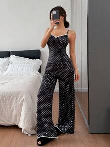 SHEIN Napfluff 舒适波点印花刺绣蕾丝蝴蝶结吊带女士睡衣套装 - 黑色 - 查看 7