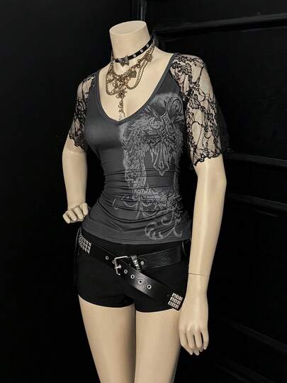 EgrlEra Women's Punk Chic V-Neck T-Shirt, Multi-Color