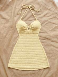 Soleia Gaun Mini A-Line Bertekstur Tanpa Punggung dengan Dekorasi Bintang Laut dan Logam, Warna Kuning Pucat, Gaya Boho Musim Panas, Liburan Pantai, Kencan, Minum Teh Sore, Festival Musik - Kuning - View 5