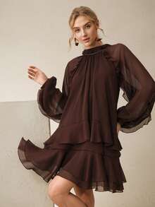 Anewsta Vestido de gasa de lujo de manga larga con pliegues y volantes elegantes de color marrón para mujer - Marrón - Ver 6