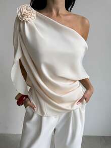 Firerie 女士优雅度假风宽松不对称领口花卉装饰衬衫，纯色 - 杏色 - 查看 10