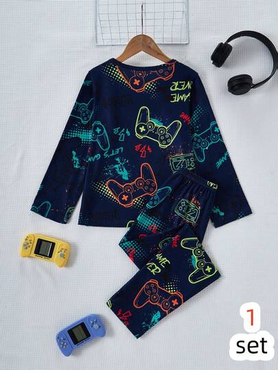 2pcs/Set Boys' Video Game Print Long Sleeve Pajama Set