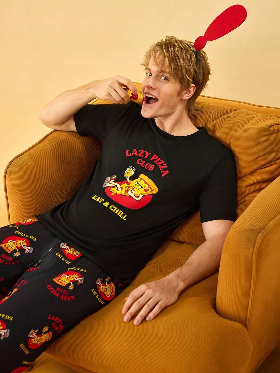 Conjunto de pijama de camiseta de cuello redondo de manga corta y pantalones con estampado de hamburguesa y papas fritas para hombre - Multicolor - Ver 1