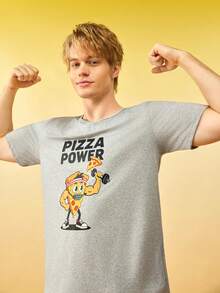 卡通披萨印花男士圆领短袖上衣和格子印花长裤睡衣套装 - 彩色 - 查看 4