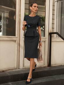 Editum 女士早春优雅通勤条纹腰身衬衫和半裙套装 - 黑與白 - 查看 4