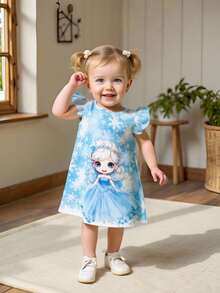 SHEIN 女婴夏季无袖卡通公主雪花印花圆领时尚公主连衣裙，适合日常外出穿着 - 藍色 - 查看 10