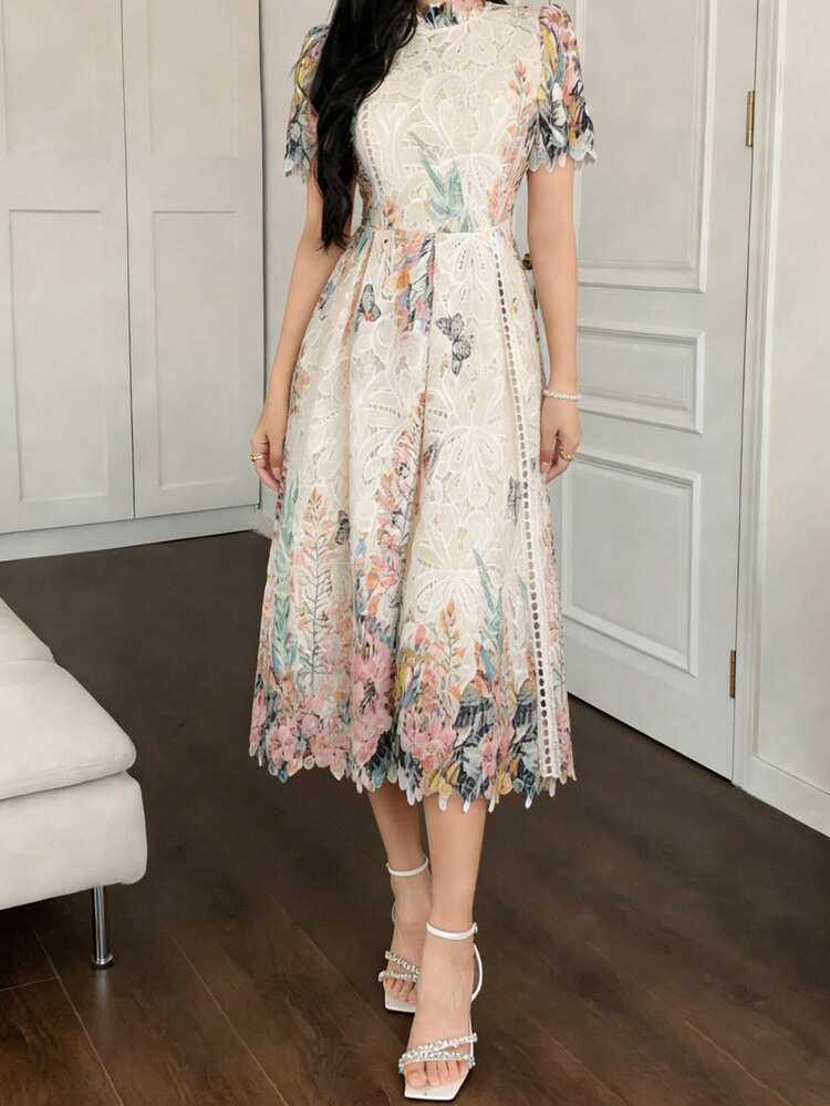 Women's Floral Print Mandarin Collar Short Sleeve Elegant Dress Sundress