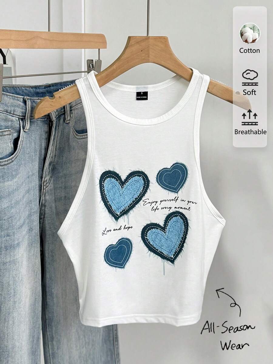 Tseoso Casual Simple Denim Heart Graphic Print Round Neck Slim Fit Women Tank Top, Suitable For Summer Retro Back To School