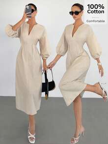 Siren Gaze 女士纯色V领褶裥优雅长袖中长连衣裙 - 杏色 - 查看 5