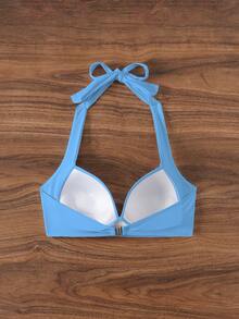 Swim Basics 纯色露背挂脖褶皱泳衣上装，适合海滩度假 - 淺藍色 - 查看 2