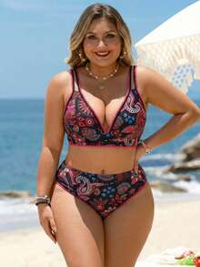 Swim Lushoire Plus Size Women Cashew Floral Print Bikini Set - Hot Pink - View 6