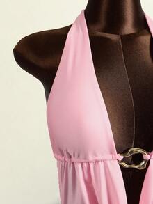 Zestiva Women's Summer Beach Sleeveless Backless Draped Neck Tie Waist Ruched Hem Vacation Party Sexy Cover Up Dress - Pink - View 3