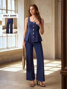 Selenza Jeans de mezclilla oscura de corte holgado y acampanado con elástico para mujer - Azul lavado oscuro - Ver 1