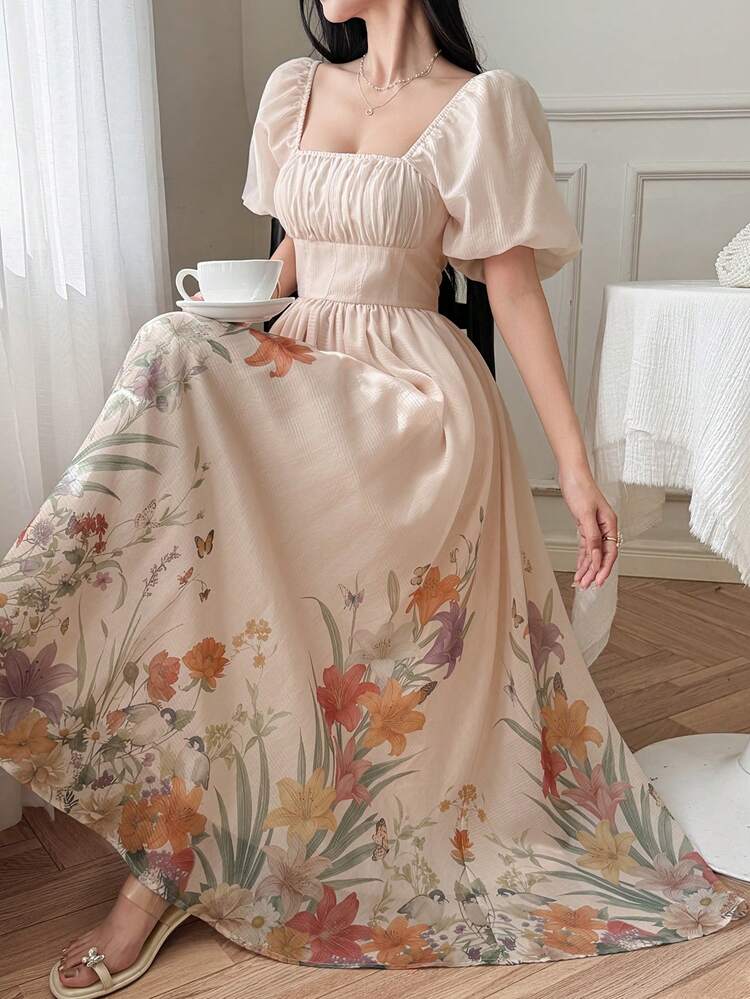Women's Elegant Floral Print Waist Cinched Petal Sleeve Dress, Summer Sun Dresses For Women