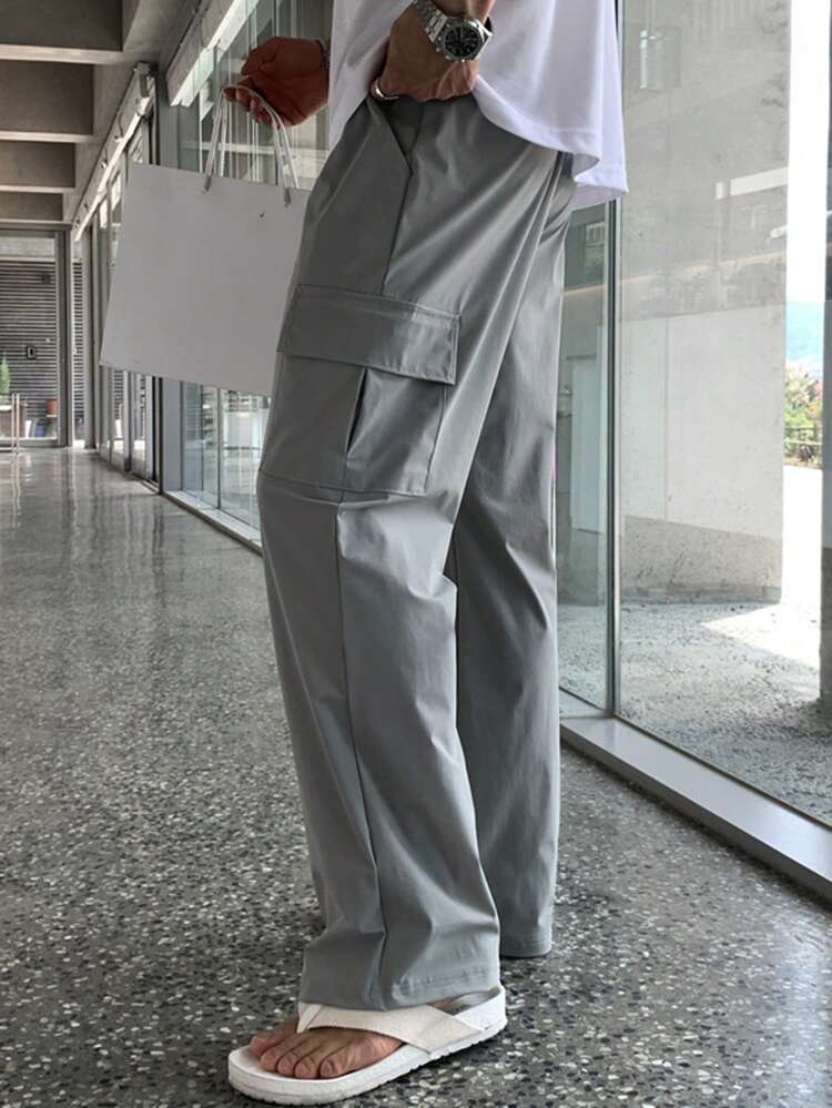 Men's Solid Gray Cargo Pants, Long Length, Suitable For Spring And Autumn