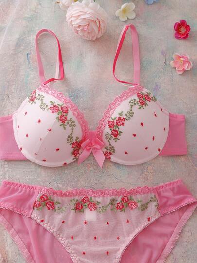 2 piezas Conjunto de lencería para mujer con sujetador acolchado con bordado floral rosa, de alto soporte, que levanta y recoge, en estilo romántico y pastoril