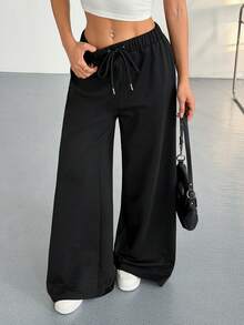 Hanevo 少女抽绳腰宽松喇叭直筒休闲裤，后臀印花图案 - 黑色 - 查看 2