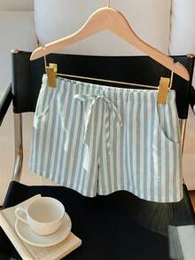 Comfortcana Mint Green Front Tie Pocket Striped Casual Shorts, Suitable For Daily Casual And Holiday Wear Summer Shorts Soft Shorts Striped Shorts Pajama Shorts Cute Shorts - Mint Green - View 5