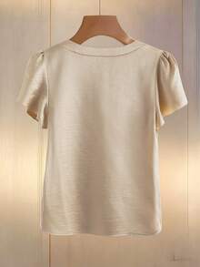 GlowEve 女士优雅休闲杏色珍珠设计花瓣袖修身短袖衬衫，春夏款 - 杏色 - 查看 2