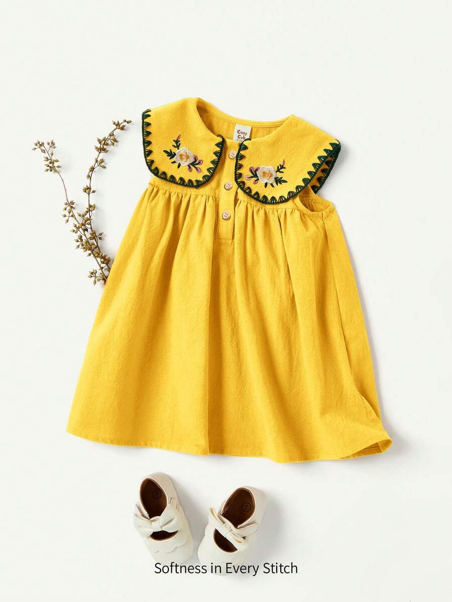 Cozy Pixies Baby Girl Floral Embroidery Pattern Navy Collar Sleeveless Half-Open Front Dress,Kids - Multicolor - View 1