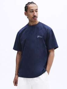 Men Navy Suede Texture Short Sleeve Crew Neck T Shirt With Small Script Logo Casual Relaxed Fit Everyday Wear Summer Spring - Blue - View 1
