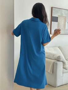 DAZY Đầm nữ tay ngắn màu trơn cài cúc, kiểu dáng thường ngày, thích hợp mặc ở nhà. - Màu xanh lam - Xem 2