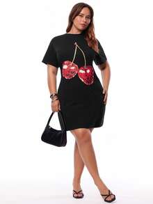 大码休闲樱桃印花圆领短袖连衣裙，度假，度假风，休闲连衣裙，女士度假装，女士假日服装，夏季假日服装，Maweii 大码连衣裙，带口袋的大码连衣裙，樱桃连衣裙，大码T恤连衣裙，女士连衣裙，女式连衣裙，女士裹身连衣裙 - 黑色 - 查看 5
