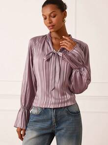 Lilora Women's Tie Collar Pleated Casual Versatile Daily Wear Long Sleeve Shirt - Dusty Pink - View 5
