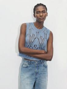 Maija Blue Plain Round Neck Sleeveless Sheer Knit Top For Women Regular Length Casual Style - Blue - View 5