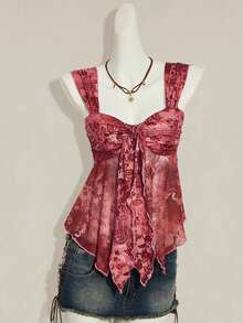 SHEIN ICON Áo tank top nữ in họa tiết cổ điển, viền lưới bất đối xứng - Màu Đỏ Sâu - Xem 3