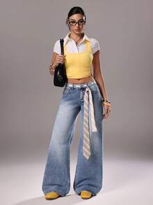 TRNVIE Fashionable Casual Street Style Woven Strap Letter Print Straight Leg Jeans - Light Wash - View 7