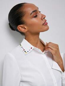 Maija Women's Fashion Elegant White Button Up Shirt,Autumn Office Business Casual Colorful Rhinestone Decor Collar Long Sleeve Curved Hem Shirt For Women - White - View 9