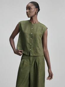 Ontre 2026SS New Arrival Spring/Summer Women's 2-Piece Set, Military Green, V-Neck Sleeveless Blouse & Relaxed Fit Pants, Comfortable Woven Fabric, Modern Urban Chic Business Casual Office Wear - Army Green - View 7