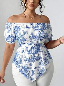 INAWLY Blouse ample pour femmes avec imprimé bleu et blanc de porcelaine, manches en pétale, taille haute, ourlet asymétrique, Top décontracté - Blanc - Voir 6