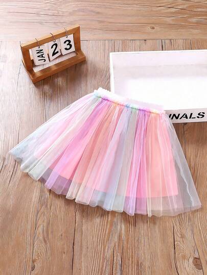 SHEIN Elladie kids Young Girl Contrast Color Mesh Versatile Casual Skirt Multicolor Skirt Girls Rainbow Skirt Kids Girls Cute Skirts Girls Tutu Skirt