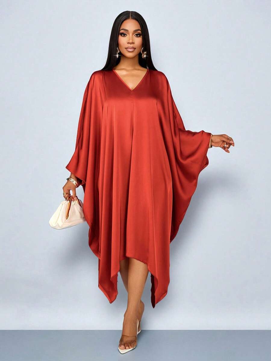 SOLERSUN 女士优雅飘逸蝙蝠袖V领缎面中长连衣裙，适合派对、情人节约会等场合 - 鏽棕色 - 查看 1