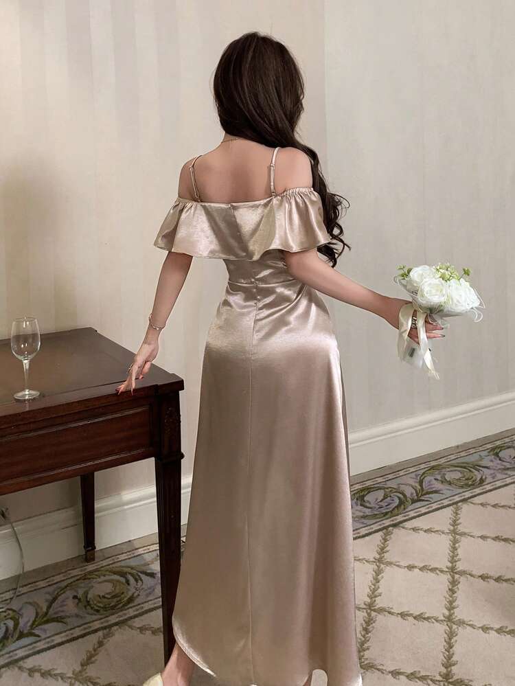 Women's Elegant Solid Color Ruffle Hem Midi Slip Dress, Summer,Wedding Guest Dress Women Sundress Cocktail Dress