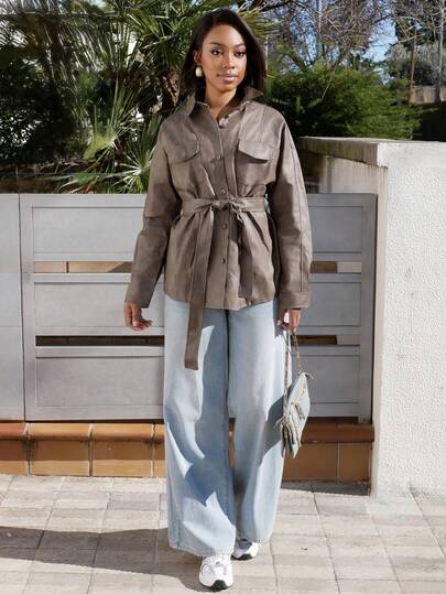 Yess Loren 女士棕色 PU 纽扣前口袋系带长袖常规外套秋冬女装