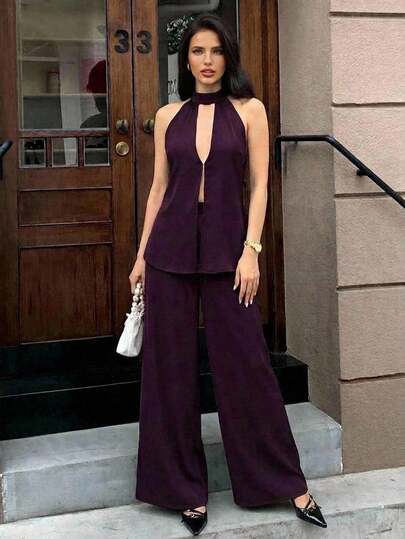 Aloruh Women's Summer Sexy Vacation Style Solid Color Cutout Neck Backless Tie Front Top And Wide Leg Pants 2 Pieces Set Summer Summer Outfits Summer Clothes Beach Outfits For Woman  Beach Vacation Vacation Outfits Woman Boho  Tropical Vacation Woman Clothe Office Commuter Suit