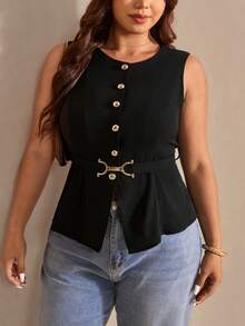 Elaquor 大码夏季休闲通勤系带背心 - 黑色 - 查看 3