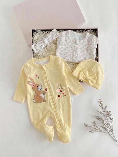 4 piezas Pelele de manga larga para recién nacido, diseño floral lindo, sombrero y diadema con decoración de lazo, conjunto de ropa de hogar cómoda de algodón para recién nacidos en otoño e invierno