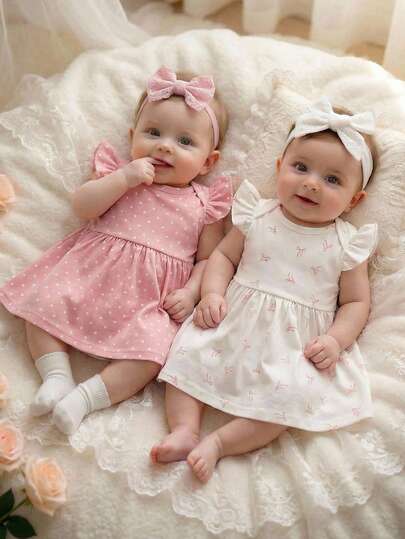 SHEIN 2pcs/Set Newborn Baby Girls' Flutter Sleeve Dress, White & Pink, Bow Print / Polka Dot Pattern, Loose Flowy, Sweet & Adorable, Soft & Comfortable, Everyday Outfit 2 Piece Dress Set Infant Girl Outfits Polka Dot Dress Baby Girl Dresses