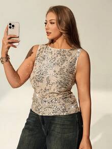 Auralis 大码优雅通勤休闲亮片闪亮派对/生日/日常穿着无袖背心/秋冬银色亮片圆领无袖紧身吊带背心，适合女性参加派对、圣诞节、新年/音乐节等场合 - 銀色 - 查看 2