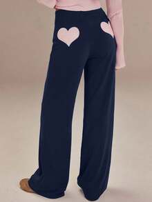 Athîral Quần ống rộng dáng suông thêu hình trái tim dành cho nữ, kiểu dáng thường ngày. - Xanh đậm - Xem 6