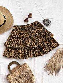 SHEIN Tall CURVE Plus Size Women Vintage Leopard Print Ruched Double-Layer Ruffle Hem Mini Cute Lunch Casual Skirt - Multicolor - View 9