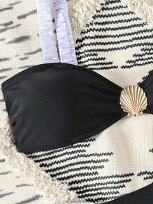 Bonvoyette Black & White Contrast Color Bikini Set, Shoulder Strap Pleated Front With Metal Back Accessory - Black and White - View 4