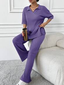 EURMUSE Cotton Two Pieces Set Polo Neck Top And Pant Set Rib Knit Fabric - Purple - View 3